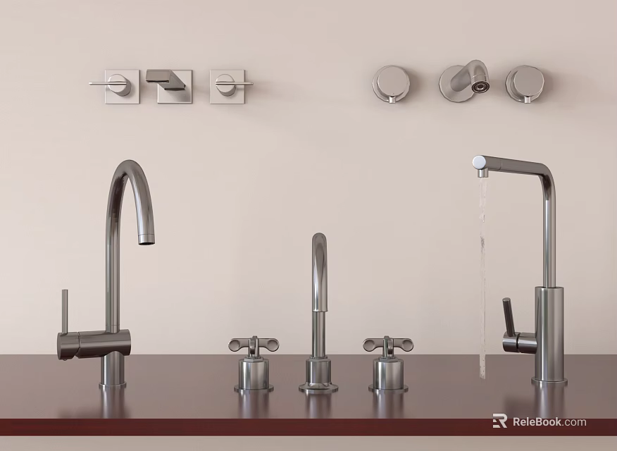 Various Styles of Modern Faucets Displayed on Countertop With Wall Mounted Control Knobs 3d model 