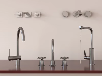 Various Styles of Modern Faucets Displayed on Countertop With Wall Mounted Control Knobs 3d model