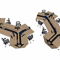 Creative Hexagonal Office Workstations with Multiple Desks Computer Monitors and Office Chairs
