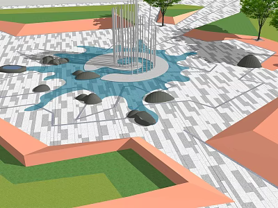 Public Square Landscape Design With Central Fountain Water Feature Stones And Trees 3d model