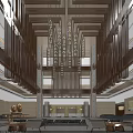 Luxurious Hotel Lobby Interior With Decorative Chandeliers Wooden Ceiling Design And Marble Columns