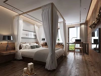 Hotel Guest Room Interior With Four Poster Bed White Drapes And Wooden Flooring 3d model