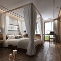 Hotel Guest Room Interior With Four Poster Bed White Drapes And Wooden Flooring