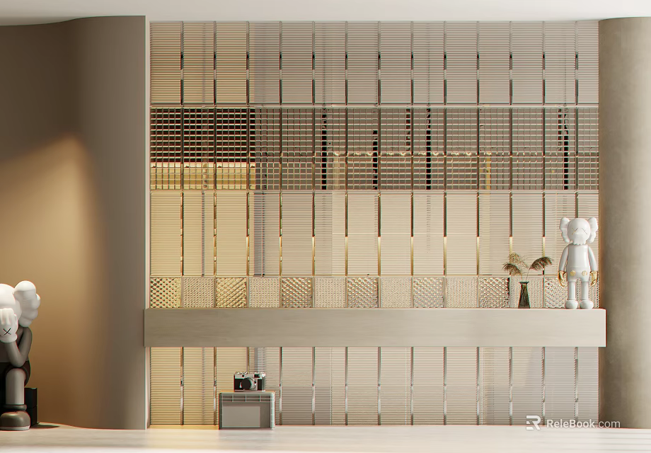 Elegant Modern Slatted Partition Design In Interior With Decorative Objects And Warm Lighting 3d model 