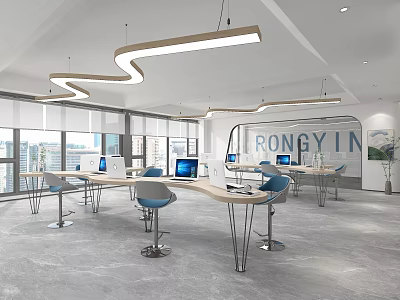 Modern Public Office Area With Open Layout Desks Blue Chairs Computers And Hanging Lights 3d model