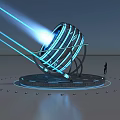 Futuristic Spherical Device With Support Base Emitting Blue Light Beams And Human Figure 3d model