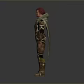 Red Haired Woman In Brown Decorative Armor With Gold Accents Standing On Gray Background