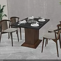 Wooden Dining Table And Chairs Set With Black Tabletop Woven Backrests And Green Plants
