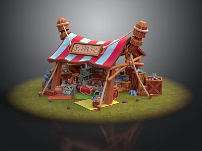 Toy Stall Scene With Red And White Striped Canopy Wooden Structure And Toys 3d model