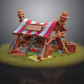 Toy Stall Scene With Red And White Striped Canopy Wooden Structure And Toys