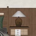Vintage Bedside Table Lamp With White Lampshade Brown Base On Wooden Wall Panel Bedroom Decor