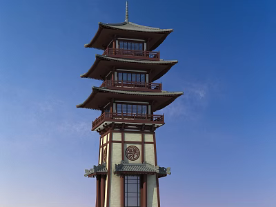 Traditional Chinese Five Story Pagoda With Overhanging Eaves Wooden Structure And Blue Sky 3d model