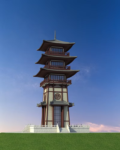 Traditional Chinese Five Story Pagoda With Overhanging Eaves Wooden Structure And Blue Sky 3d model