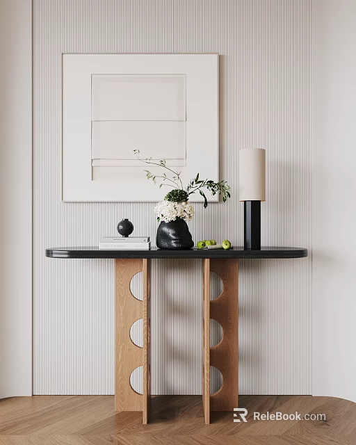 Minimalist Console Table Design With Wooden Legs Black Top Vase Green Plant And Striped Wall 3d model 