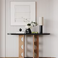 Minimalist Console Table Design With Wooden Legs Black Top Vase Green Plant And Striped Wall