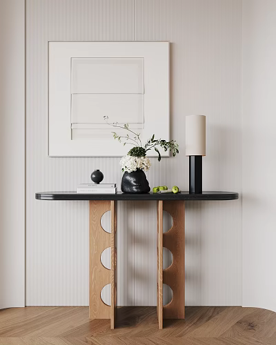 Minimalist Console Table Design With Wooden Legs Black Top Vase Green Plant And Striped Wall 3d model