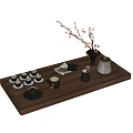 Traditional Tea Set With Multiple Teacups Teapot And Floral Branch On Wooden Tray