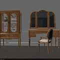Classic Wooden Dressing Table With Mirror Drawers Matching Chair And Glass Door Cabinet