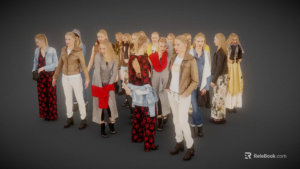Group of women standing together in various stylish outfits and diverse styles 3d model 