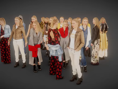 Group of women standing together in various stylish outfits and diverse styles 3d model