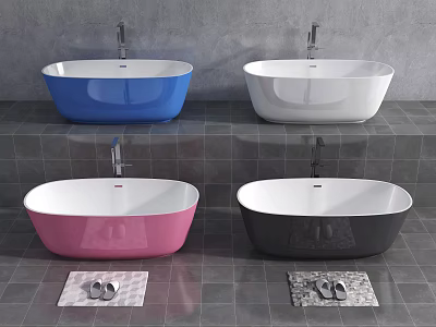 Freestanding Bathtubs in Blue White Pink Black on Grey Tiled Floor with Bath Mats Slippers 3d model