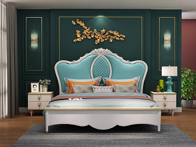 Elegant Double Bed Blue Green Carved Headboard Dark Green Wall Golden Floral Decor Classic Bedroom 3d model