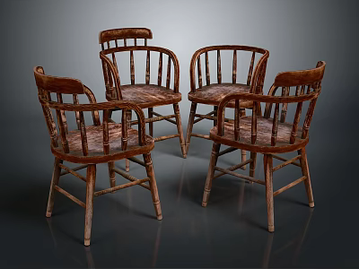 Four Vintage Wooden Chairs With Armrests Vertical Slat Back And Woven Seat 3d model