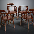 Four Vintage Wooden Chairs With Armrests Vertical Slat Back And Woven Seat