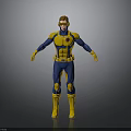 3D Superhero Model In Blue And Yellow Costume With Chest Emblem Standing Pose