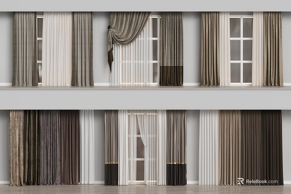 Various Curtain Designs in Soft Tones with Layered Styles for Modern Home Windows 3d model 