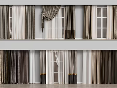 Various Curtain Designs in Soft Tones with Layered Styles for Modern Home Windows 3d model