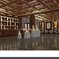 Sacred Religious Artifacts Display In Wooden Shelves With Golden Ceiling And Smooth Floors