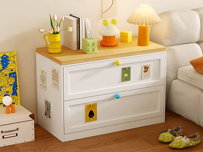White Wooden Top Chest of Drawers with Colorful Knobs Vase Books Lamp in Living Room 3d model
