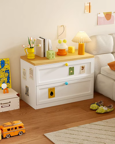 White Wooden Top Chest of Drawers with Colorful Knobs Vase Books Lamp in Living Room 3d model