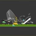 Colorful Cartoon Scene with Green Platform Mechanical Structure and Grass Details