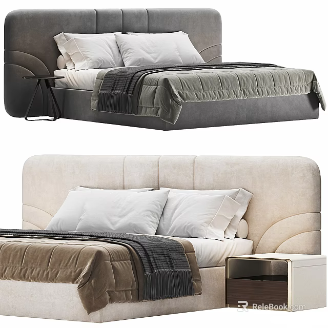 Modern Double Bed Design Featuring Upholstered Headboard Light And Dark Colors Pillows Blanket 3d model 