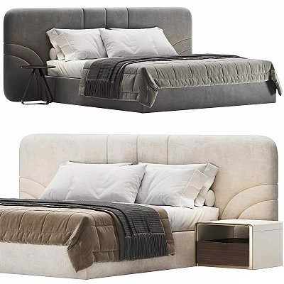 Modern Double Bed Design Featuring Upholstered Headboard Light And Dark Colors Pillows Blanket 3d model