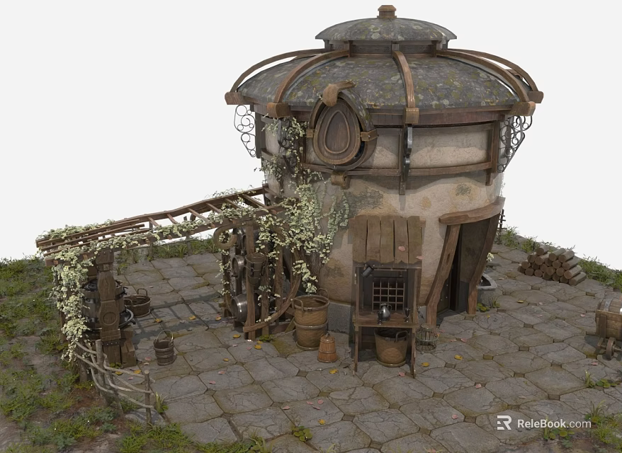 Cartoon Scene Round Roof Cottage With Wooden Structure Ivy Vines Stone Path And Wooden Buckets 3d model 