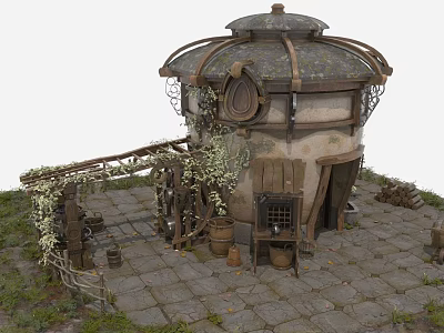 Cartoon Scene Round Roof Cottage With Wooden Structure Ivy Vines Stone Path And Wooden Buckets 3d model