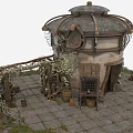Cartoon Scene Round Roof Cottage With Wooden Structure Ivy Vines Stone Path And Wooden Buckets