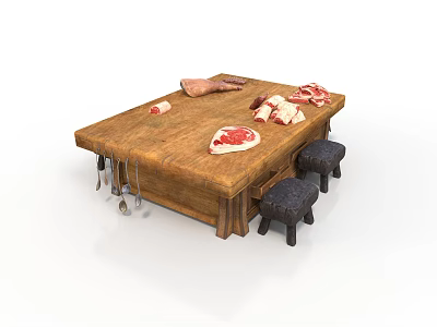Rustic Wooden Butcher Table With Raw Meat Pieces Stools And Hanging Tools 3d model