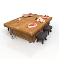 Rustic Wooden Butcher Table With Raw Meat Pieces Stools And Hanging Tools
