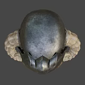 Medieval Fantasy Horned Helmet with Golden Accents Intricate Design and Curved Ram Horns on Dark