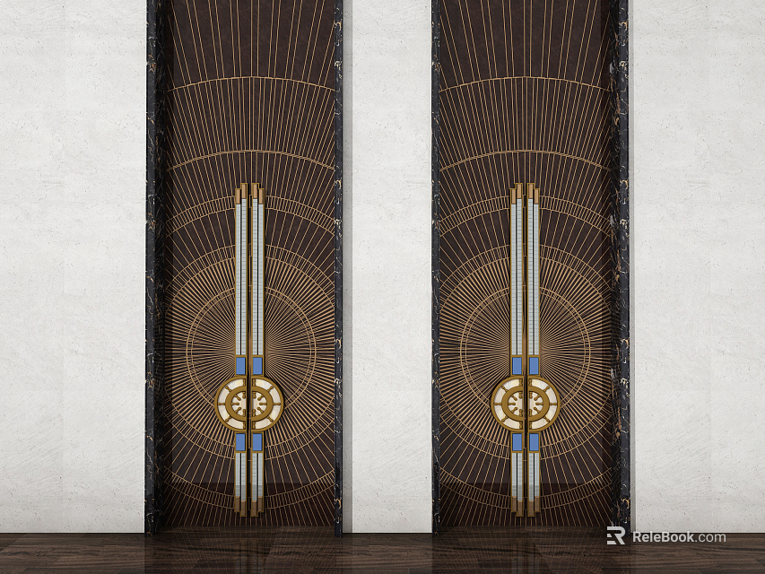 Elegant Dark Wooden Doors With Golden Geometric Patterns And Symmetric Design 3d model 