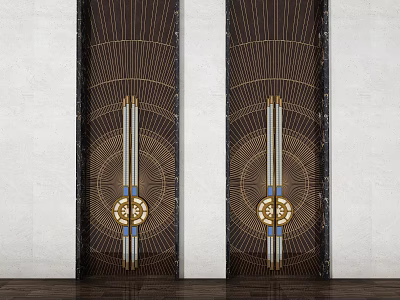 Elegant Dark Wooden Doors With Golden Geometric Patterns And Symmetric Design 3d model
