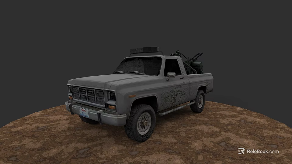 Gray Pickup Truck With Roof Equipment And Weapon In Bed On Dirt Ground 3d model 