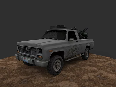 Gray Pickup Truck With Roof Equipment And Weapon In Bed On Dirt Ground 3d model