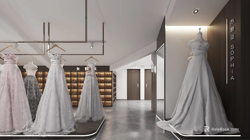 Elegant Luxury Bridal Shop Interior With Hanging Wedding Dresses On Racks And Mirrors 3d model 