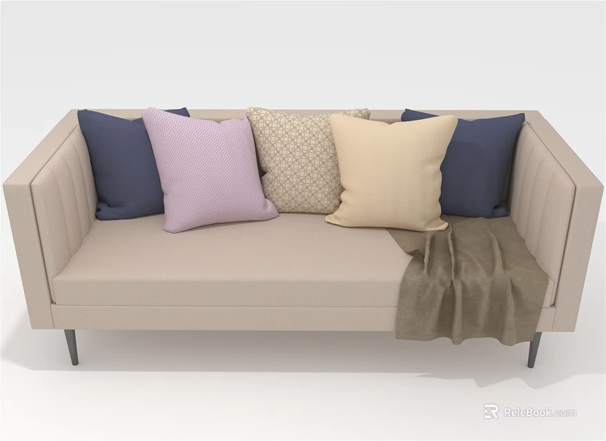 Beige Sectional Sofa with Various Colored Pillows and Brown Blanket for Living Room 3d model 