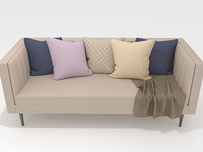 Beige Sectional Sofa with Various Colored Pillows and Brown Blanket for Living Room 3d model